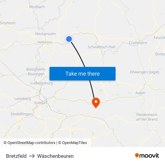 Bretzfeld to Wäschenbeuren map
