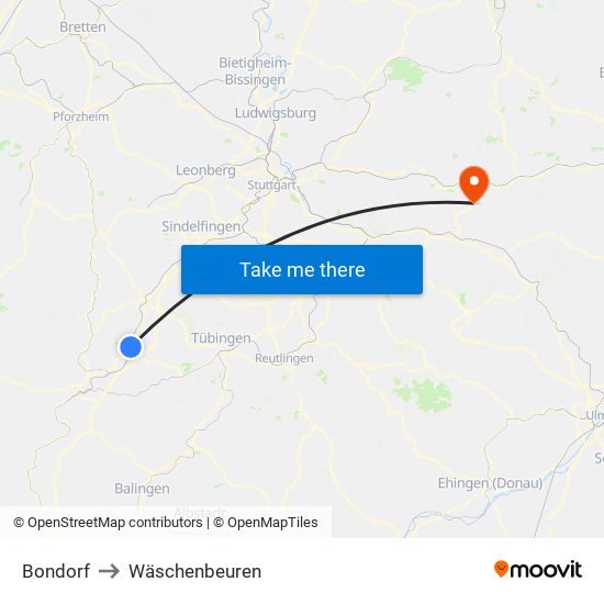 Bondorf to Wäschenbeuren map