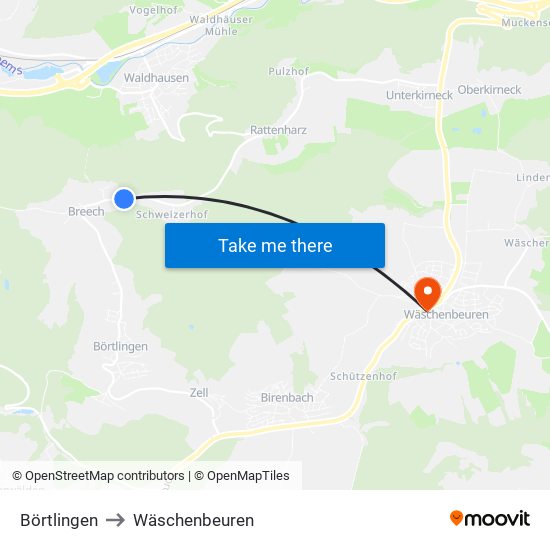 Börtlingen to Wäschenbeuren map