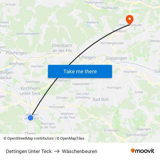 Dettingen Unter Teck to Wäschenbeuren map