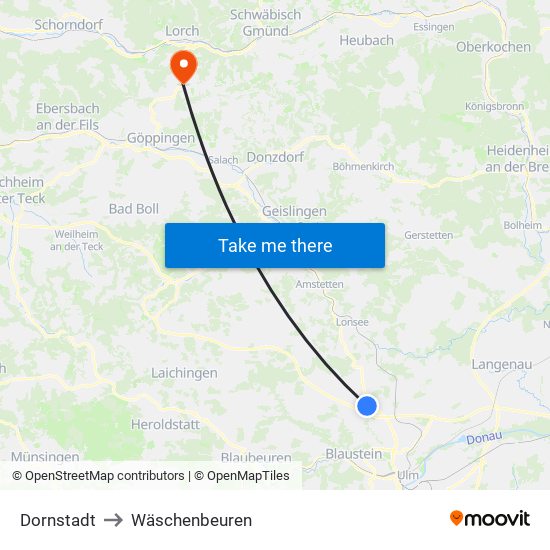 Dornstadt to Wäschenbeuren map