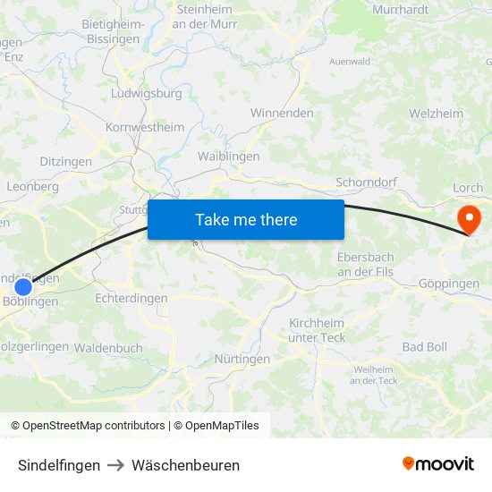 Sindelfingen to Wäschenbeuren map