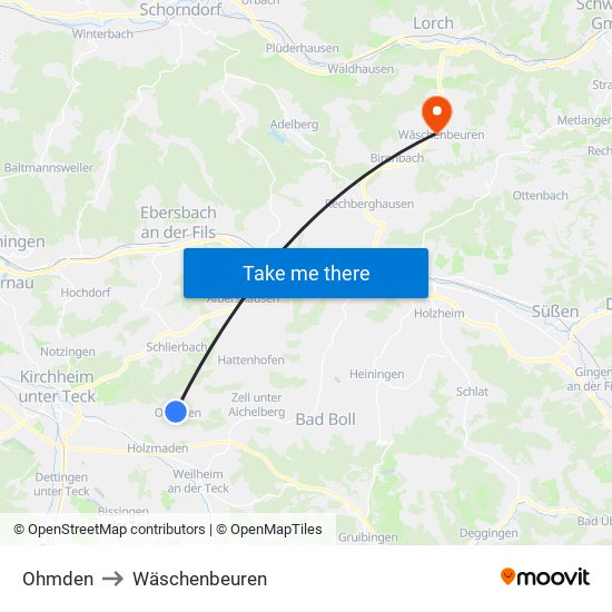 Ohmden to Wäschenbeuren map