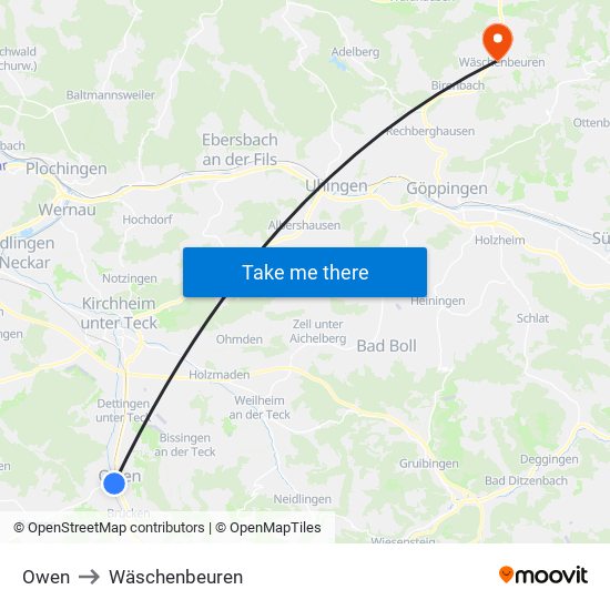 Owen to Wäschenbeuren map