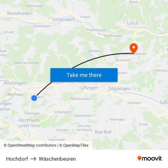 Hochdorf to Wäschenbeuren map