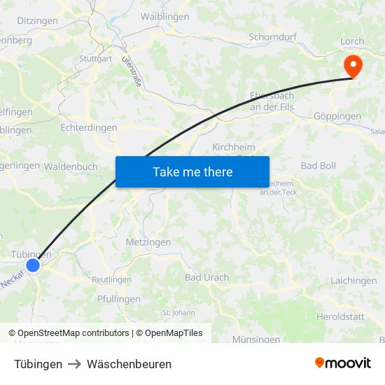 Tübingen to Wäschenbeuren map
