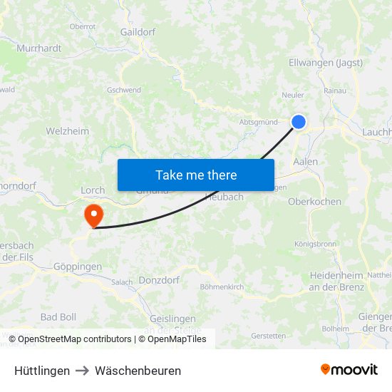 Hüttlingen to Wäschenbeuren map