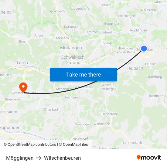 Mögglingen to Wäschenbeuren map