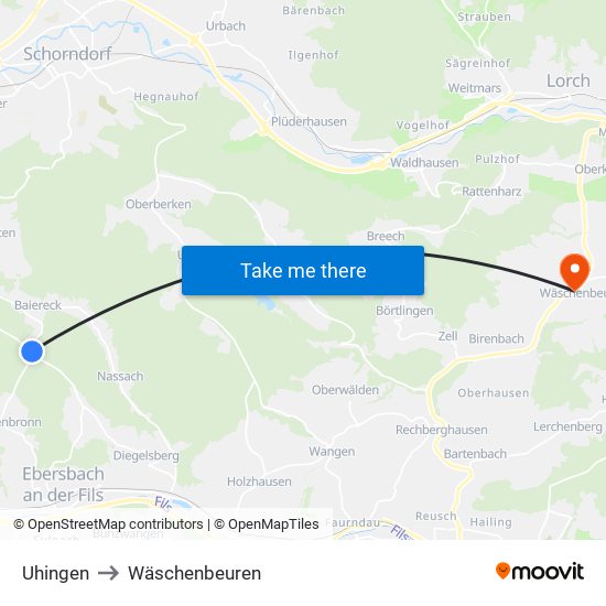 Uhingen to Wäschenbeuren map