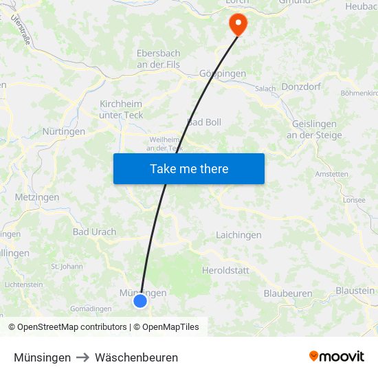 Münsingen to Wäschenbeuren map