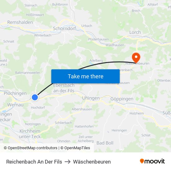 Reichenbach An Der Fils to Wäschenbeuren map