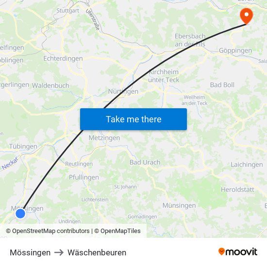 Mössingen to Wäschenbeuren map