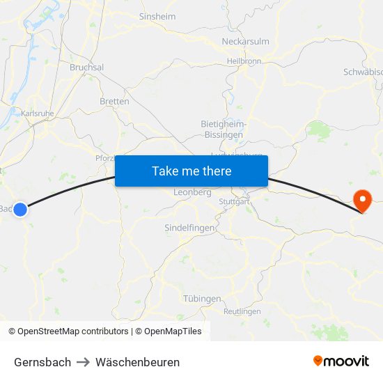 Gernsbach to Wäschenbeuren map