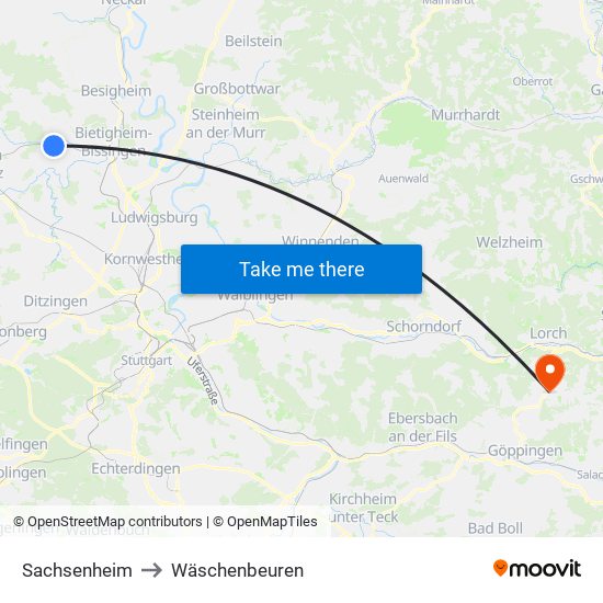 Sachsenheim to Wäschenbeuren map