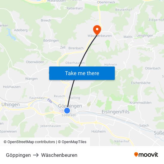 Göppingen to Wäschenbeuren map