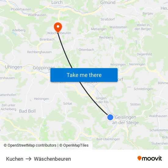 Kuchen to Wäschenbeuren map