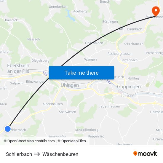 Schlierbach to Wäschenbeuren map