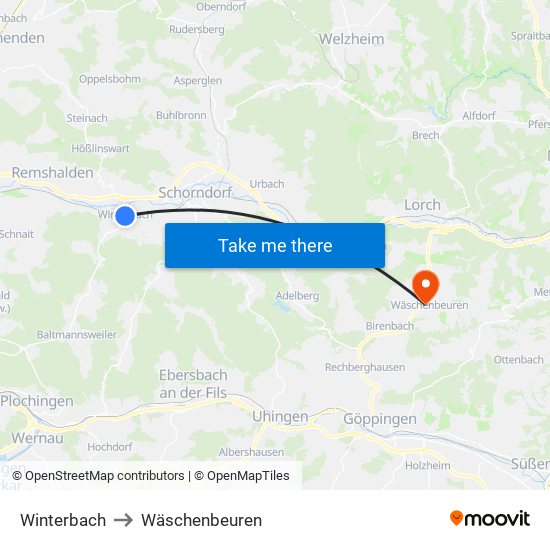 Winterbach to Wäschenbeuren map