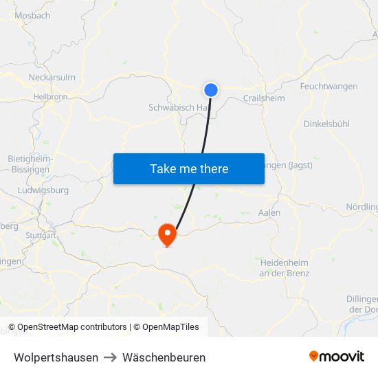 Wolpertshausen to Wäschenbeuren map