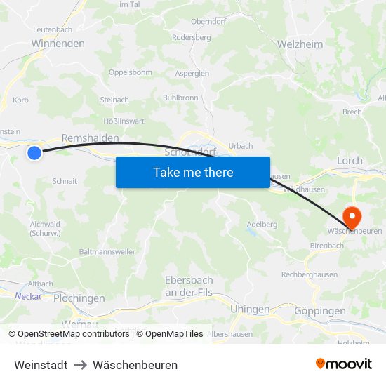 Weinstadt to Wäschenbeuren map
