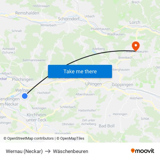 Wernau (Neckar) to Wäschenbeuren map