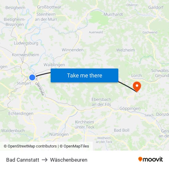 Bad Cannstatt to Wäschenbeuren map