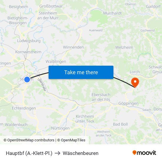 Hauptbf (A.-Klett-Pl.) to Wäschenbeuren map