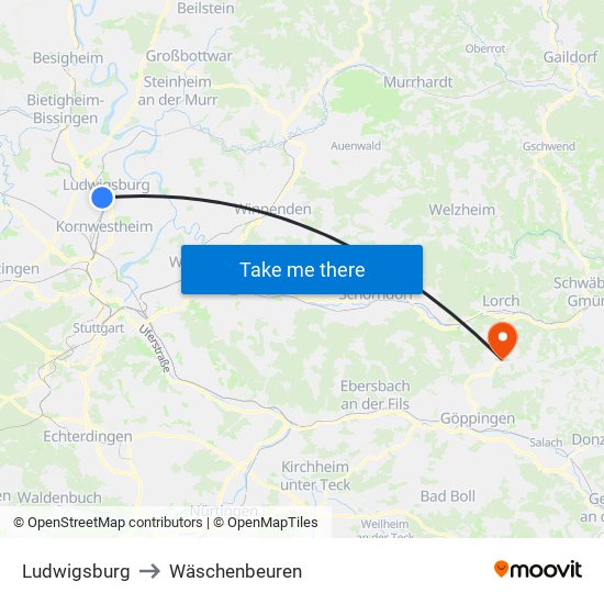 Ludwigsburg to Wäschenbeuren map