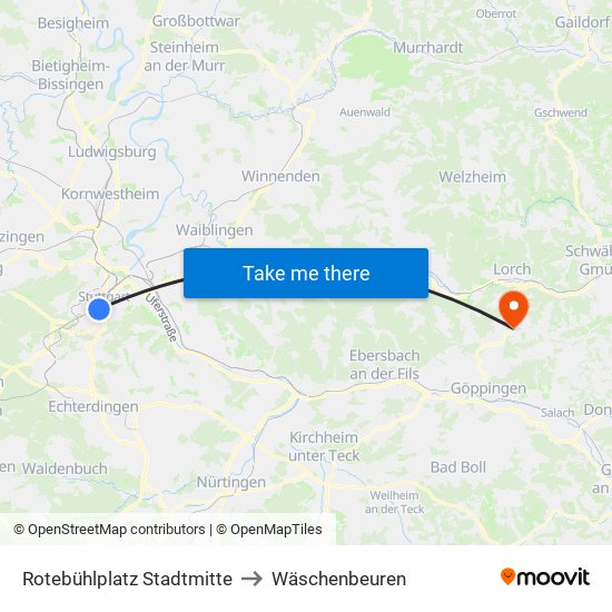 Rotebühlplatz Stadtmitte to Wäschenbeuren map