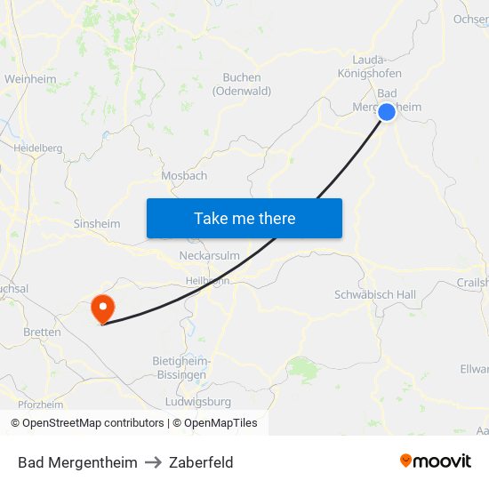 Bad Mergentheim to Zaberfeld map