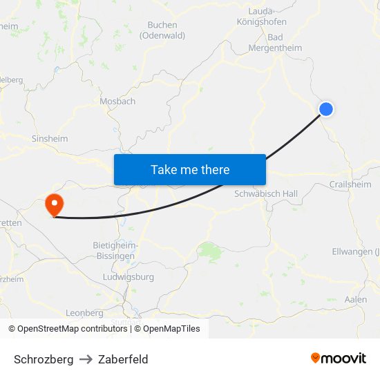 Schrozberg to Zaberfeld map