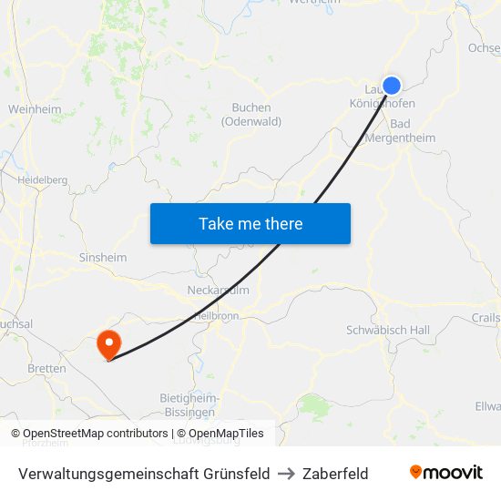 Verwaltungsgemeinschaft Grünsfeld to Zaberfeld map