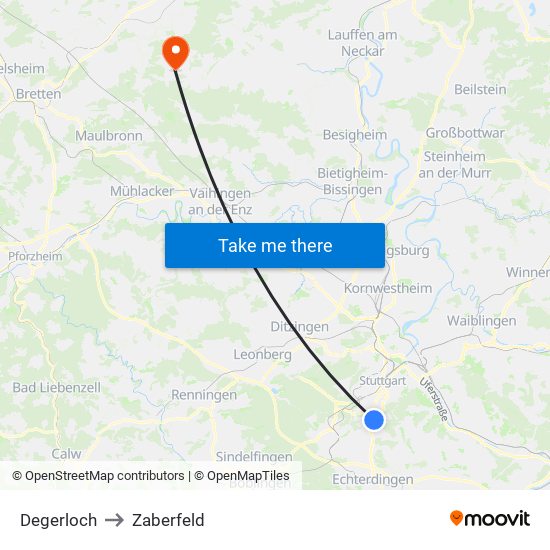 Degerloch to Zaberfeld map