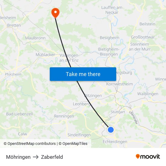 Möhringen to Zaberfeld map