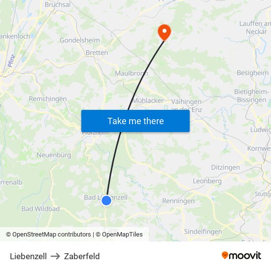 Liebenzell to Zaberfeld map