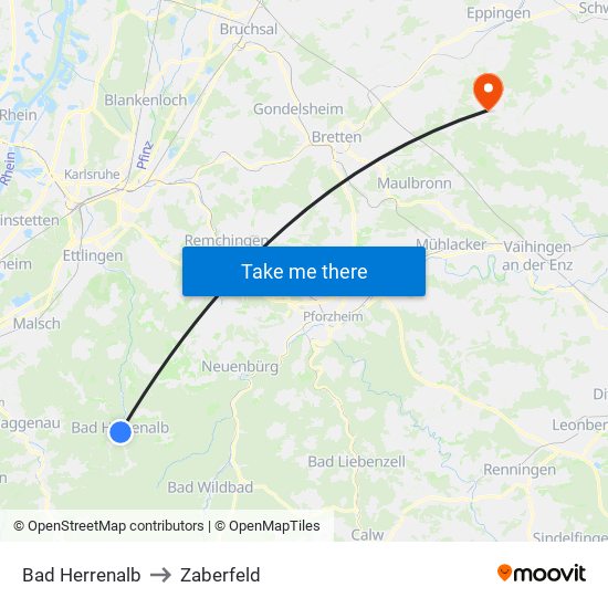 Bad Herrenalb to Zaberfeld map