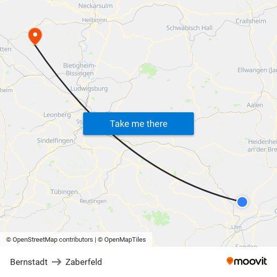 Bernstadt to Zaberfeld map