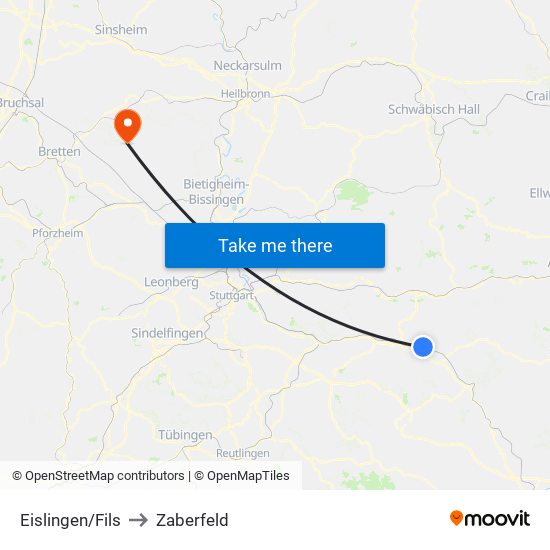 Eislingen/Fils to Zaberfeld map