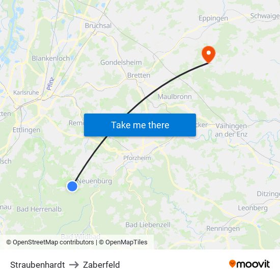 Straubenhardt to Zaberfeld map