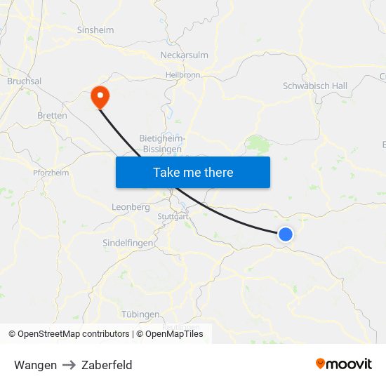 Wangen to Zaberfeld map