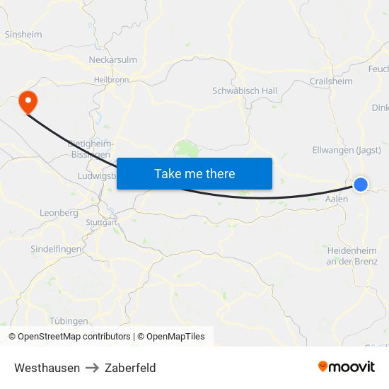 Westhausen to Zaberfeld map