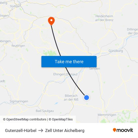 Gutenzell-Hürbel to Zell Unter Aichelberg map