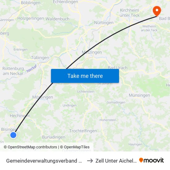 Gemeindeverwaltungsverband Bisingen to Zell Unter Aichelberg map