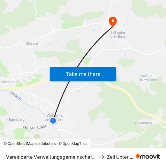 Vereinbarte Verwaltungsgemeinschaft Der Stadt Weilheim An Der Teck to Zell Unter Aichelberg map