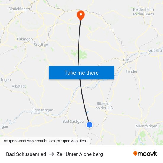 Bad Schussenried to Zell Unter Aichelberg map