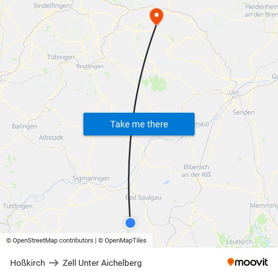 Hoßkirch to Zell Unter Aichelberg map