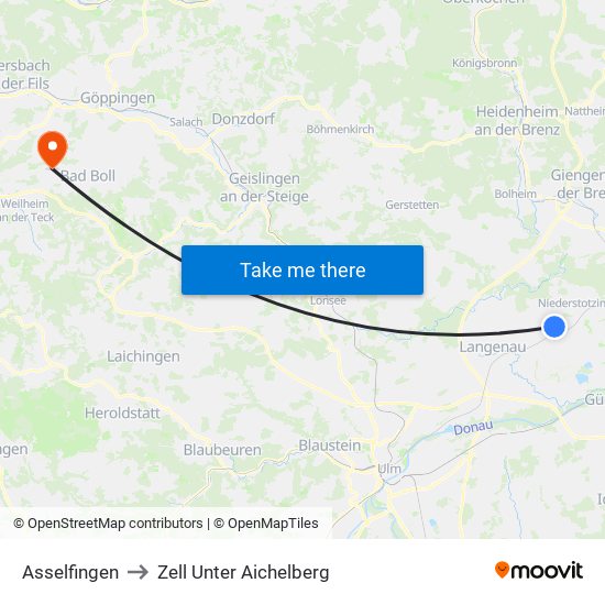 Asselfingen to Zell Unter Aichelberg map