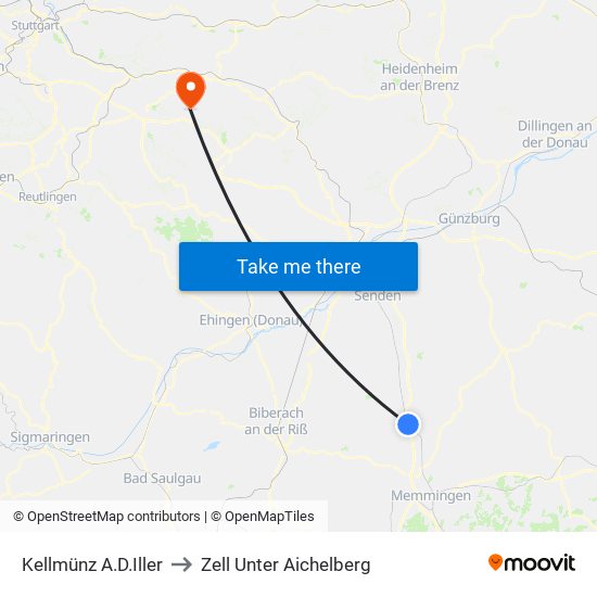 Kellmünz A.D.Iller to Zell Unter Aichelberg map