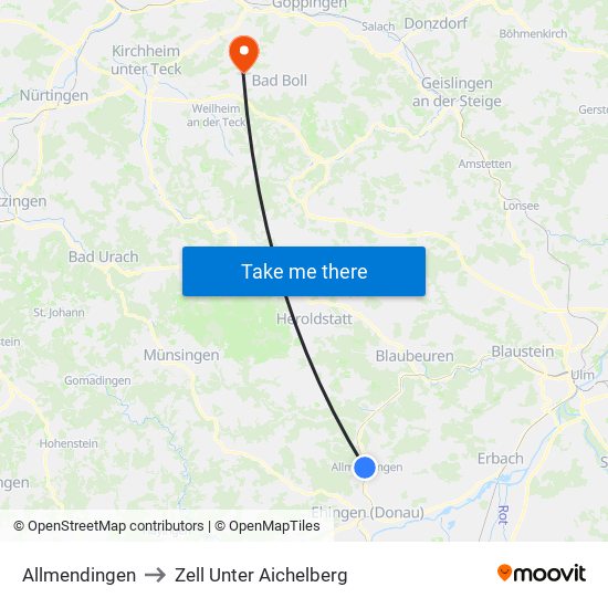 Allmendingen to Zell Unter Aichelberg map