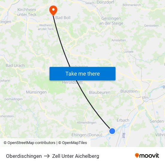 Oberdischingen to Zell Unter Aichelberg map